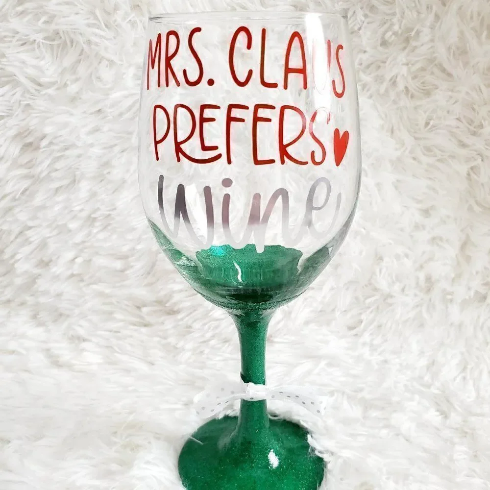 Mrs Claus Prefers Wine Green Glittered Stemmed Wine Glass, Funny Christmas Glass